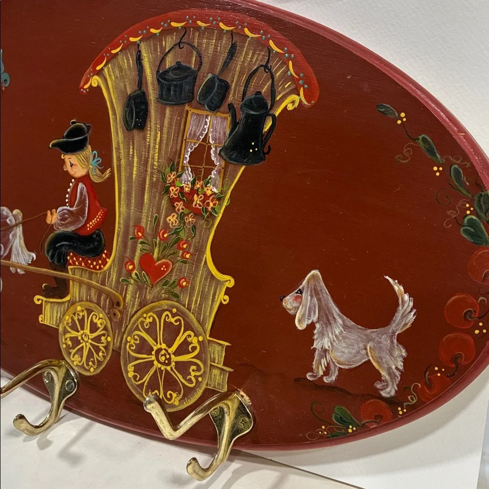 Tole Ware Coat Rack VTG Red Wall Decor W Brass Hooks Painted Colorful Dog Man